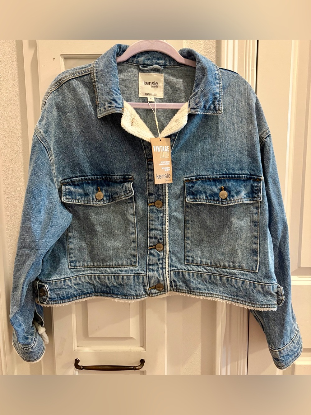 NWT KENSIE Light Blue Denim Sherpa Collar Jacket Women’s Size Large